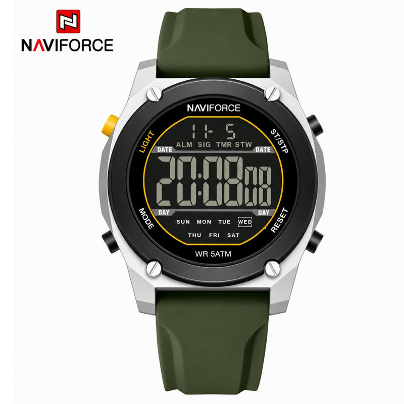 Naviforce Reloj Digital Verde con Correa de Silicona, Diámetro de 48 mm, Cristal Acrílico HD y Resistencia al Agua 5 ATM.