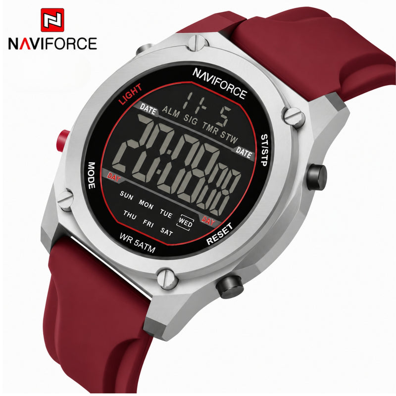 Naviforce Reloj Digital Rojo con Correa de Silicona, Diámetro de 48 mm, Cristal Acrílico HD y Resistencia al Agua 5 ATM.