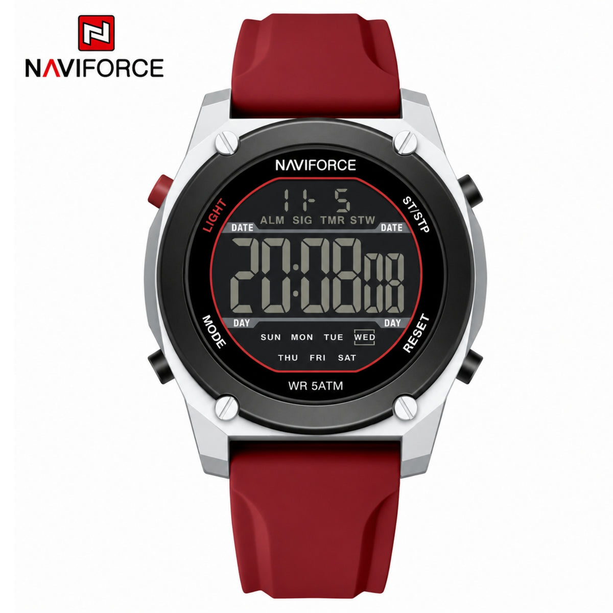 Naviforce Reloj Digital Rojo con Correa de Silicona, Diámetro de 48 mm, Cristal Acrílico HD y Resistencia al Agua 5 ATM.