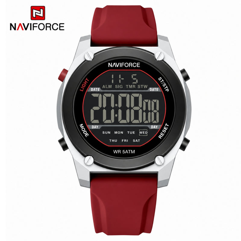 Naviforce Reloj Digital Rojo con Correa de Silicona, Diámetro de 48 mm, Cristal Acrílico HD y Resistencia al Agua 5 ATM.