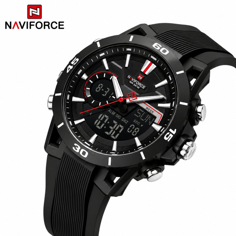 Naviforce Reloj Analógico y Digital Negro con Correa de Silicona, Diámetro de 44 mm, Cristal Acrílico HD y Resistencia al Agua 5 ATM.