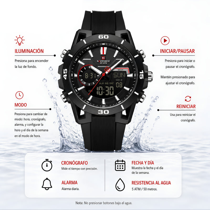 Naviforce Reloj Analógico y Digital Negro con Correa de Silicona, Diámetro de 44 mm, Cristal Acrílico HD y Resistencia al Agua 5 ATM.