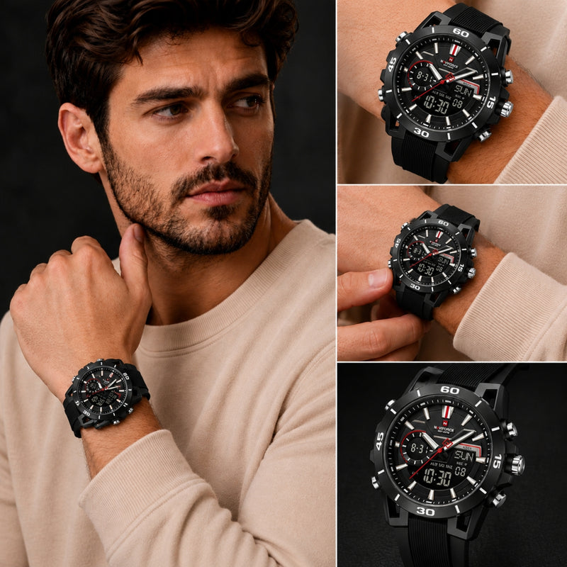 Naviforce Reloj Analógico y Digital Negro con Correa de Silicona, Diámetro de 44 mm, Cristal Acrílico HD y Resistencia al Agua 5 ATM.