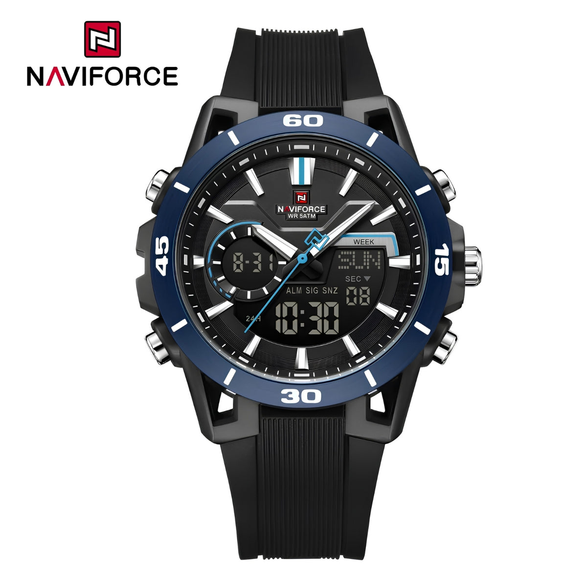 Naviforce Reloj Analógico y Digital Negro con Detalles Azules, Correa de Silicona, Diámetro de 44 mm y Resistencia al Agua 5 ATM.