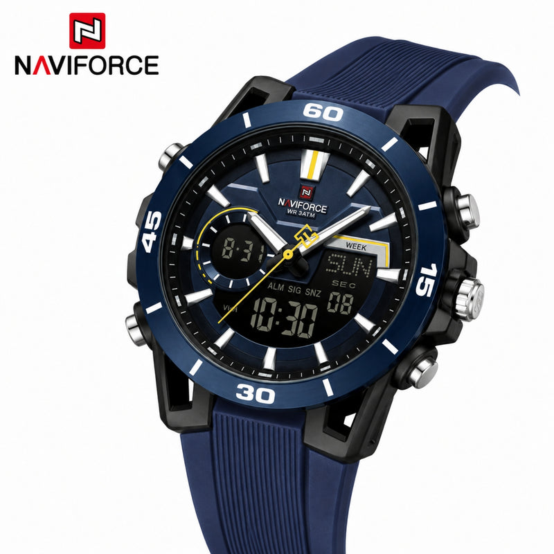 Naviforce Reloj Analógico y Digital Azul con Detalles Negros, Correa de Silicona, Diámetro de 44 mm y Resistencia al Agua 5 ATM.