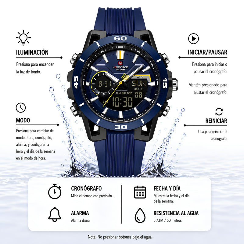 Naviforce Reloj Analógico y Digital Azul con Detalles Negros, Correa de Silicona, Diámetro de 44 mm y Resistencia al Agua 5 ATM.
