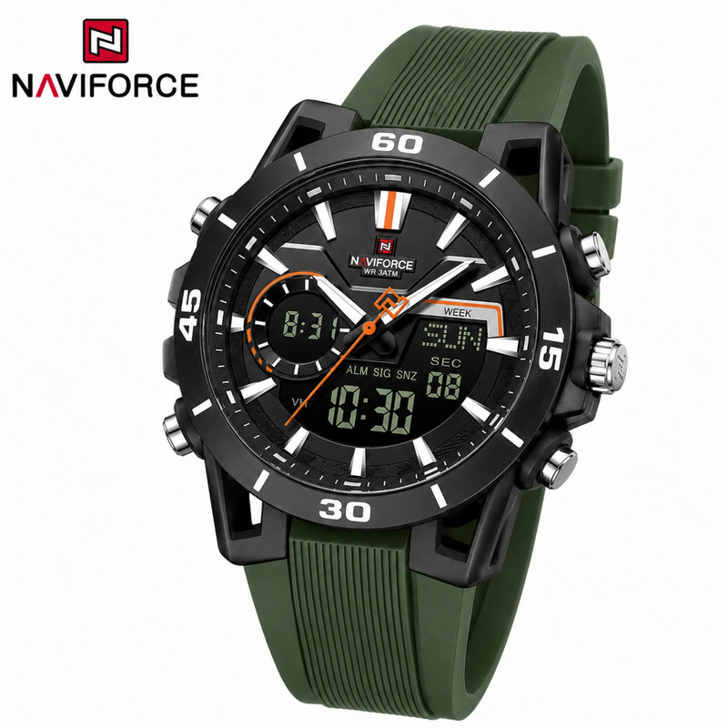Naviforce Reloj Analógico y Digital Verde con Detalles Negros, Correa de Silicona, Diámetro de 44 mm y Resistencia al Agua 5 ATM.