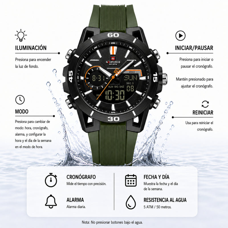 Naviforce Reloj Analógico y Digital Verde con Detalles Negros, Correa de Silicona, Diámetro de 44 mm y Resistencia al Agua 5 ATM.