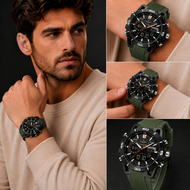 Naviforce Reloj Analógico y Digital Verde con Detalles Negros, Correa de Silicona, Diámetro de 44 mm y Resistencia al Agua 5 ATM.