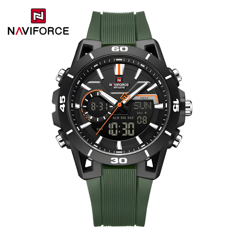 Naviforce Reloj Analógico y Digital Verde con Detalles Negros, Correa de Silicona, Diámetro de 44 mm y Resistencia al Agua 5 ATM.
