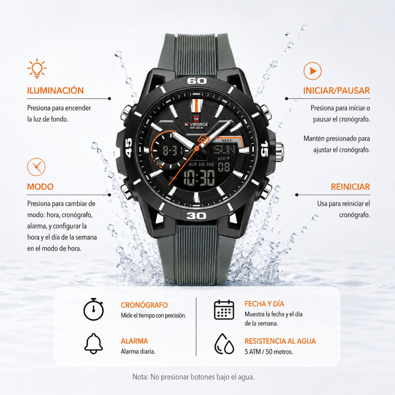 Naviforce Reloj Analógico y Digital Gris con Detalles Negros, Correa de Silicona, Diámetro de 44 mm y Resistencia al Agua 5 ATM.