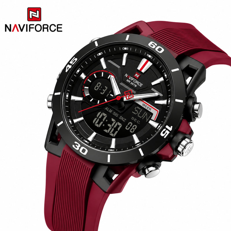 Naviforce Reloj Analógico y Digital Rojo con Detalles Negros, Correa de Silicona, Diámetro de 44 mm y Resistencia al Agua 5 ATM.