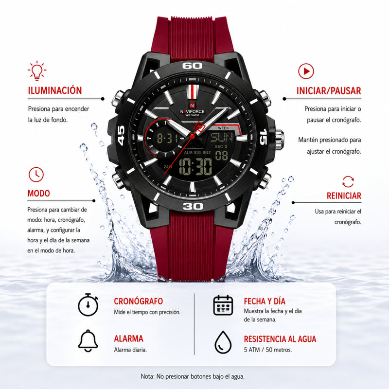 Naviforce Reloj Analógico y Digital Rojo con Detalles Negros, Correa de Silicona, Diámetro de 44 mm y Resistencia al Agua 5 ATM.