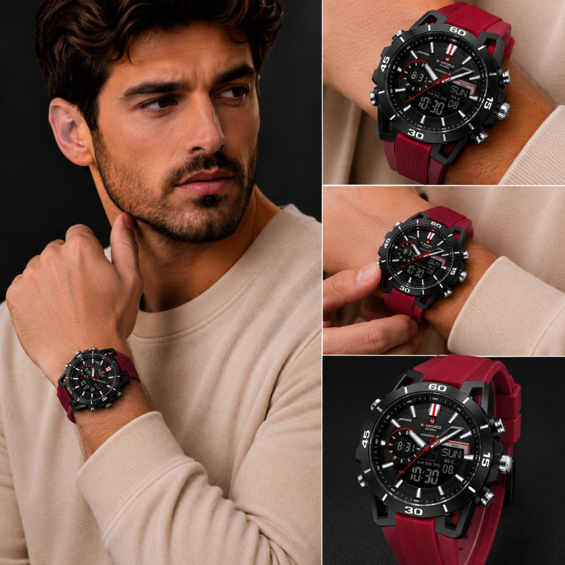 Naviforce Reloj Analógico y Digital Rojo con Detalles Negros, Correa de Silicona, Diámetro de 44 mm y Resistencia al Agua 5 ATM.