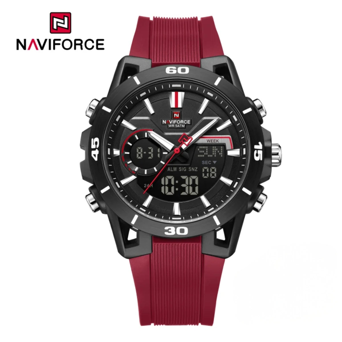 Naviforce Reloj Analógico y Digital Rojo con Detalles Negros, Correa de Silicona, Diámetro de 44 mm y Resistencia al Agua 5 ATM.