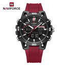 Naviforce Reloj Analógico y Digital Rojo con Detalles Negros, Correa de Silicona, Diámetro de 44 mm y Resistencia al Agua 5 ATM.
