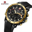 Naviforce Reloj Analógico y Digital Negro con Detalles Dorados, Correa de Silicona, Diámetro de 44 mm, Cristal Acrílico HD y Resistencia al Agua 5 ATM.