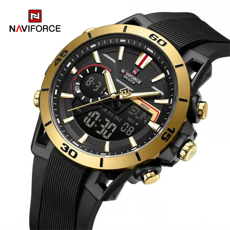 Naviforce Reloj Analógico y Digital Negro con Detalles Dorados, Correa de Silicona, Diámetro de 44 mm, Cristal Acrílico HD y Resistencia al Agua 5 ATM.
