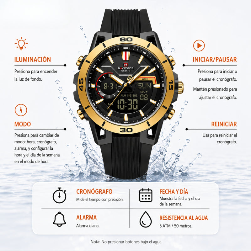 Naviforce Reloj Analógico y Digital Negro con Detalles Dorados, Correa de Silicona, Diámetro de 44 mm, Cristal Acrílico HD y Resistencia al Agua 5 ATM.