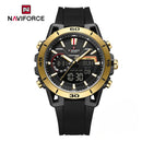 Naviforce Reloj Analógico y Digital Negro con Detalles Dorados, Correa de Silicona, Diámetro de 44 mm, Cristal Acrílico HD y Resistencia al Agua 5 ATM.