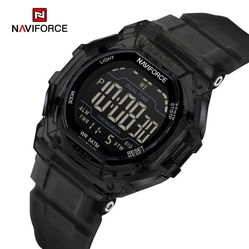 Naviforce Reloj Digital Negro, Correa de Silicona, Diámetro de 46 mm y Resistencia al Agua 5 ATM.