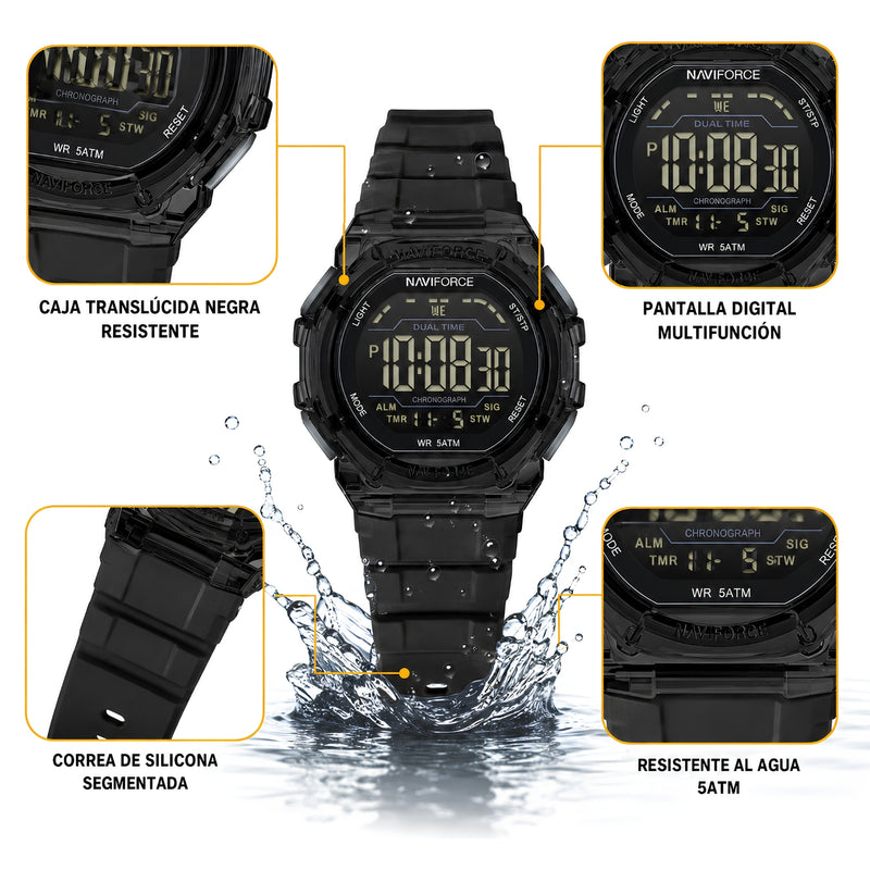Naviforce Reloj Digital Negro, Correa de Silicona, Diámetro de 46 mm y Resistencia al Agua 5 ATM.