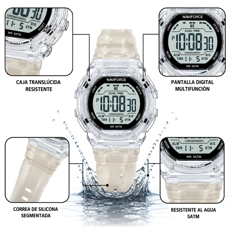 Naviforce Reloj Digital Blanco, Correa de Silicona, Diámetro de 46 mm y Resistencia al Agua 5 ATM.