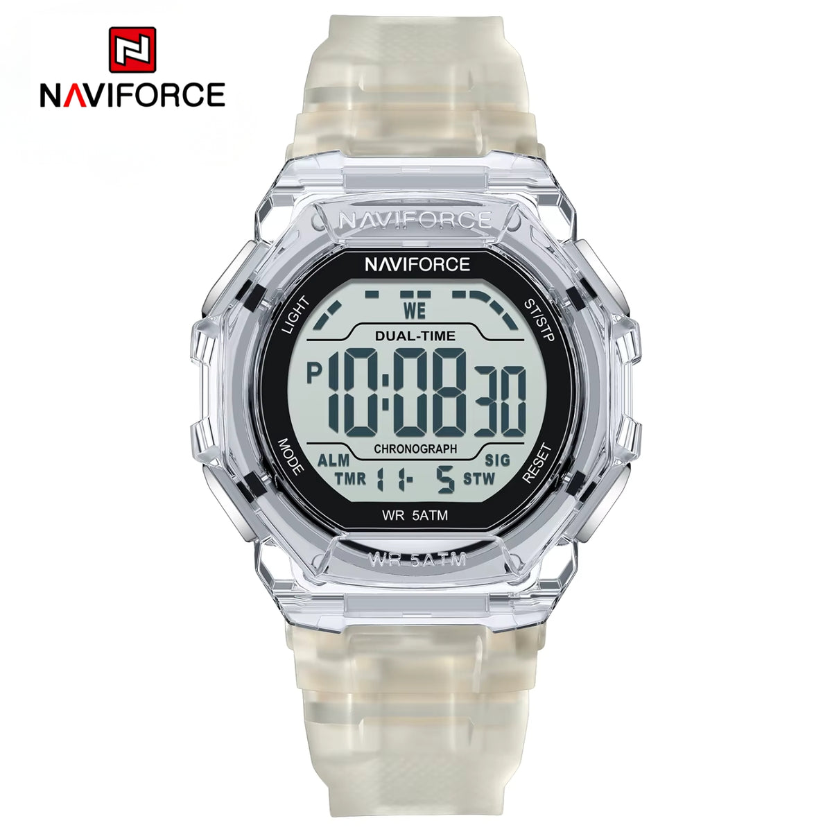 Naviforce Reloj Digital Blanco, Correa de Silicona, Diámetro de 46 mm y Resistencia al Agua 5 ATM.