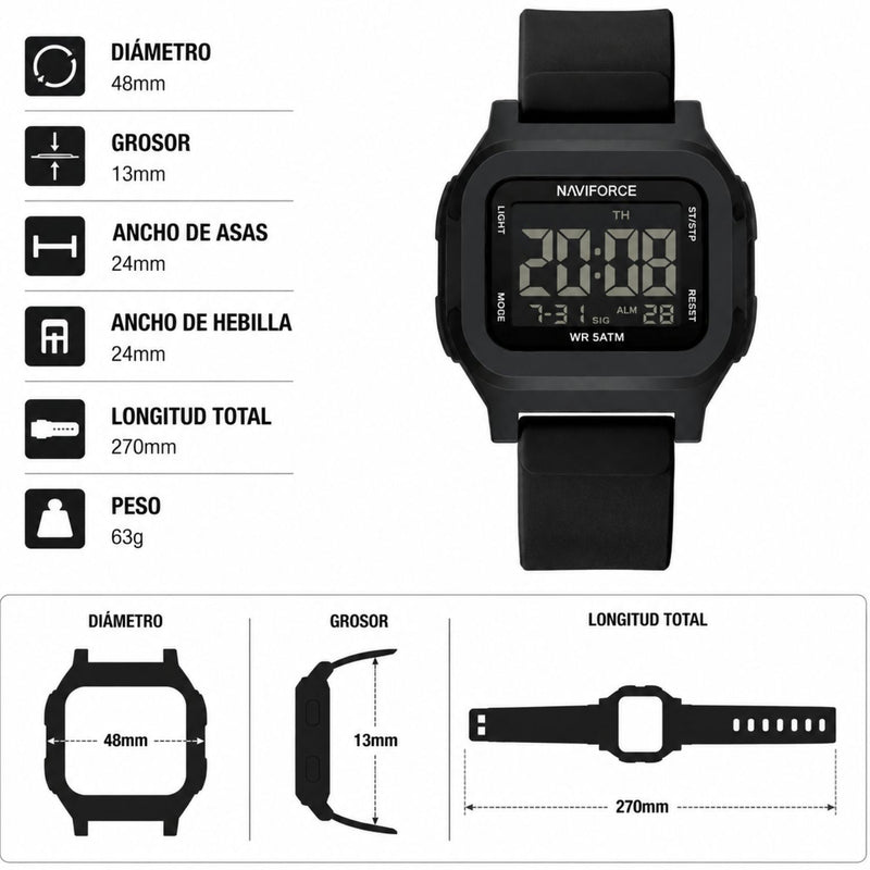 Naviforce Reloj Digital Negro con Correa de Silicona, Diámetro de 48 mm, Cristal Acrílico HD y Resistencia al Agua 5 ATM.