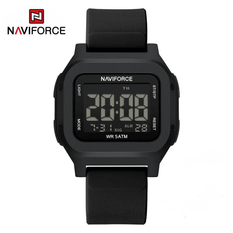 Naviforce Reloj Digital Negro con Correa de Silicona, Diámetro de 48 mm, Cristal Acrílico HD y Resistencia al Agua 5 ATM.