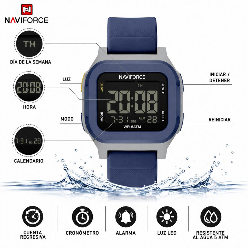 Naviforce Reloj Digital Azul Oscuro con Detalles Plateados, Correa de Silicona, Diámetro de 48 mm, Cristal Acrílico HD y Resistencia al Agua 5 ATM.