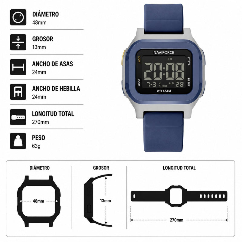 Naviforce Reloj Digital Azul Oscuro con Detalles Plateados, Correa de Silicona, Diámetro de 48 mm, Cristal Acrílico HD y Resistencia al Agua 5 ATM.