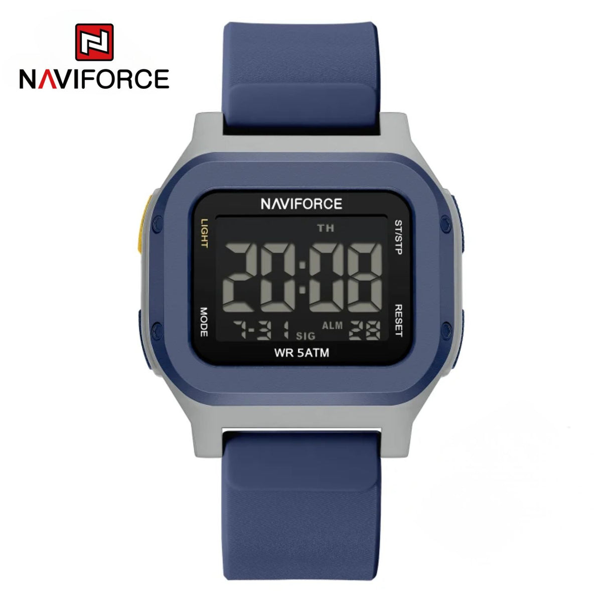 Naviforce Reloj Digital Azul Oscuro con Detalles Plateados, Correa de Silicona, Diámetro de 48 mm, Cristal Acrílico HD y Resistencia al Agua 5 ATM.