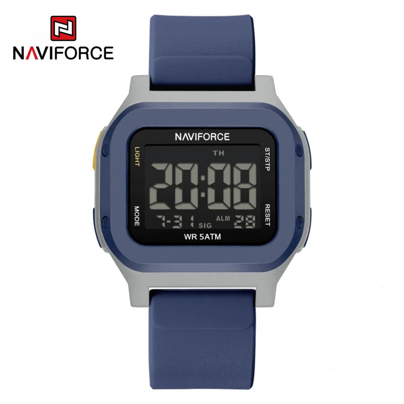 Naviforce Reloj Digital Azul Oscuro con Detalles Plateados, Correa de Silicona, Diámetro de 48 mm, Cristal Acrílico HD y Resistencia al Agua 5 ATM.