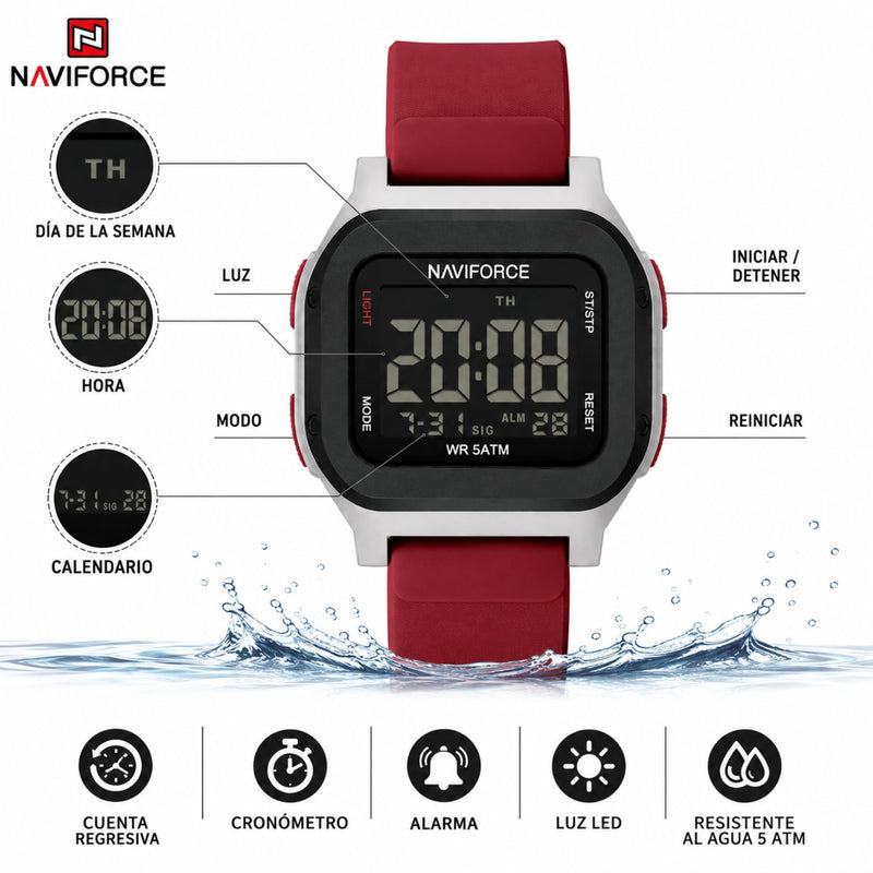 Naviforce Reloj Digital Rojo con Detalles Plateados, Correa de Silicona, Diámetro de 48 mm, Cristal Acrílico HD y Resistencia al Agua 5 ATM.