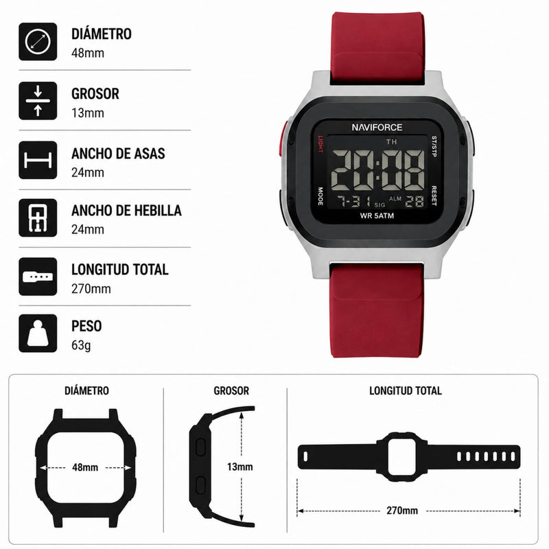Naviforce Reloj Digital Rojo con Detalles Plateados, Correa de Silicona, Diámetro de 48 mm, Cristal Acrílico HD y Resistencia al Agua 5 ATM.