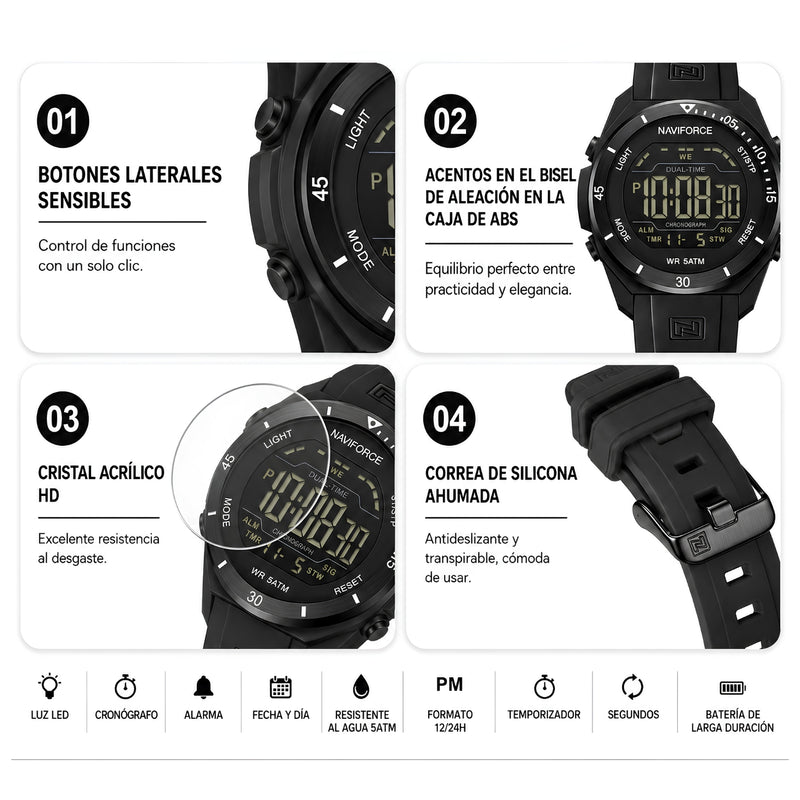 Naviforce Reloj Digital Negro, Correa de Silicona, Diámetro de 41 mm y Resistencia al Agua 5 ATM.
