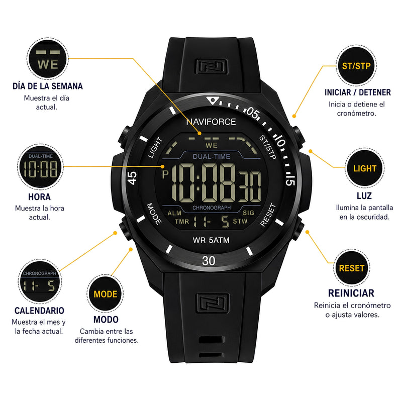 Naviforce Reloj Digital Negro, Correa de Silicona, Diámetro de 41 mm y Resistencia al Agua 5 ATM.