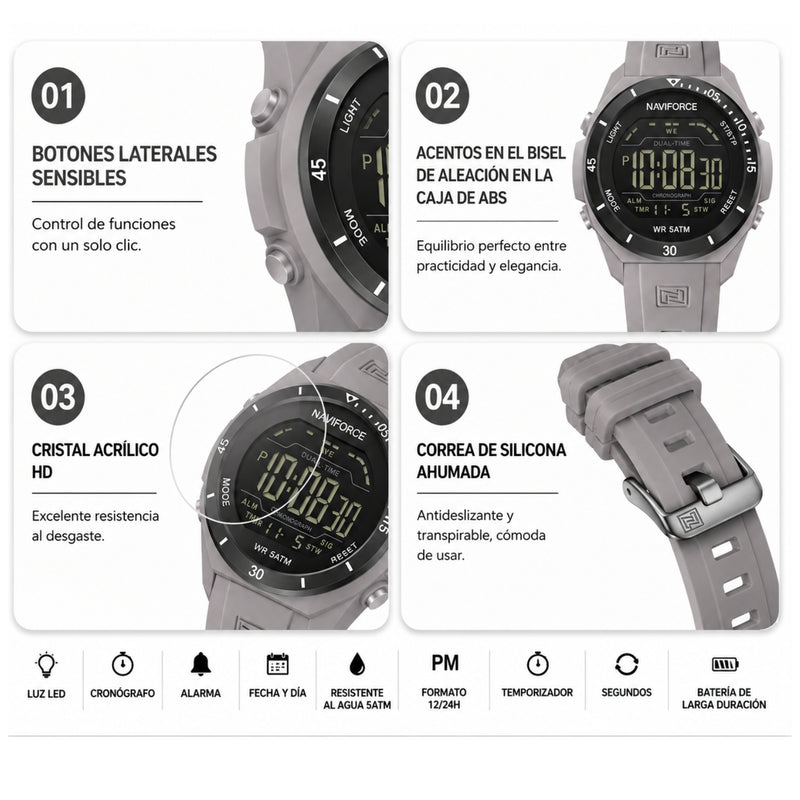 Naviforce Reloj Digital Gris, Correa de Silicona, Diámetro de 41 mm y Resistencia al Agua 5 ATM.