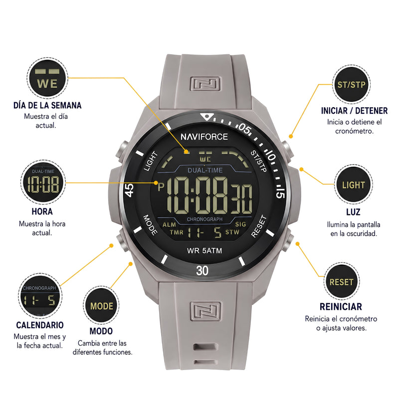 Naviforce Reloj Digital Gris, Correa de Silicona, Diámetro de 41 mm y Resistencia al Agua 5 ATM.