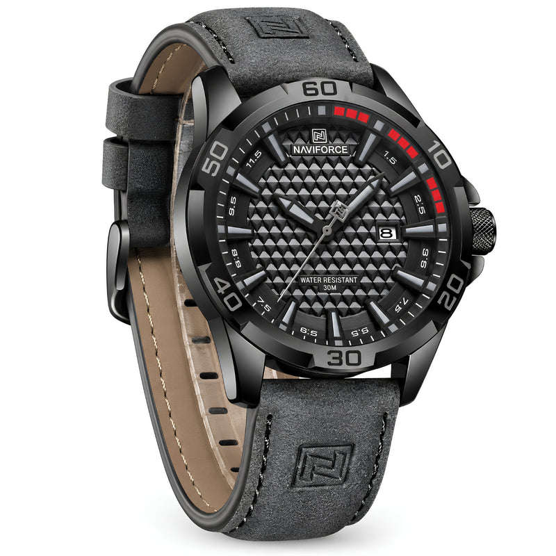 Naviforce Reloj Analógico Negro con Correa Gris de Cuero PU, Diámetro de 45 mm, Cristal Mineral Endurecido, Calendario y Resistencia al Agua 3 ATM.