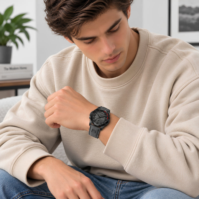Naviforce Reloj Analógico Negro con Correa Gris de Cuero PU, Diámetro de 45 mm, Cristal Mineral Endurecido, Calendario y Resistencia al Agua 3 ATM.