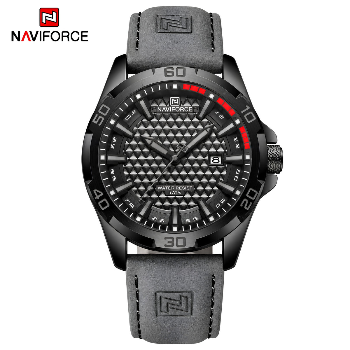 Naviforce Reloj Analógico Negro con Correa Gris de Cuero PU, Diámetro de 45 mm, Cristal Mineral Endurecido, Calendario y Resistencia al Agua 3 ATM.