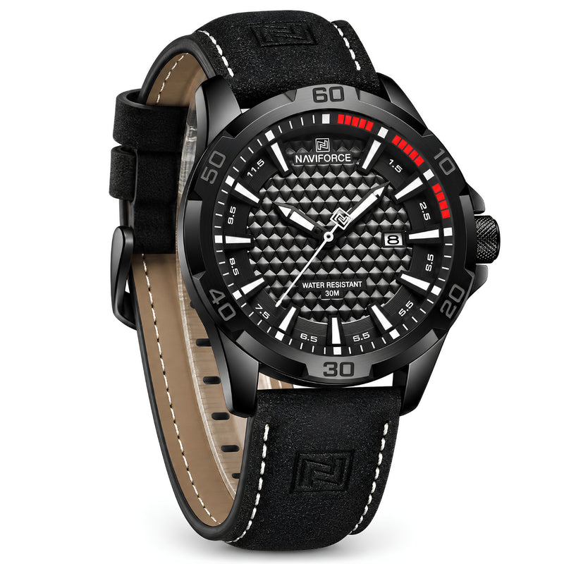 Naviforce Reloj Analógico Negro con Correa Negra de Cuero PU, Diámetro de 45 mm, Cristal Mineral Endurecido, Calendario y Resistencia al Agua 3 ATM.