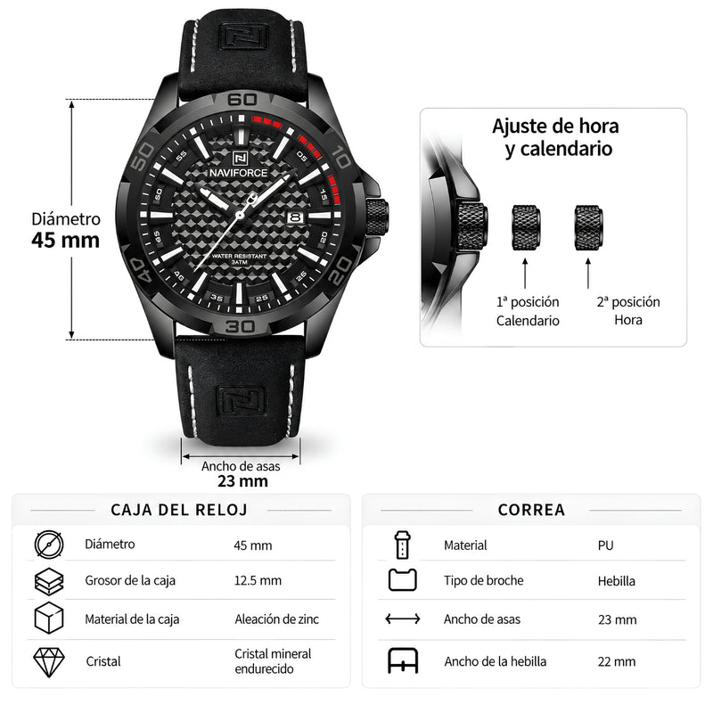 Naviforce Reloj Analógico Negro con Correa Negra de Cuero PU, Diámetro de 45 mm, Cristal Mineral Endurecido, Calendario y Resistencia al Agua 3 ATM.
