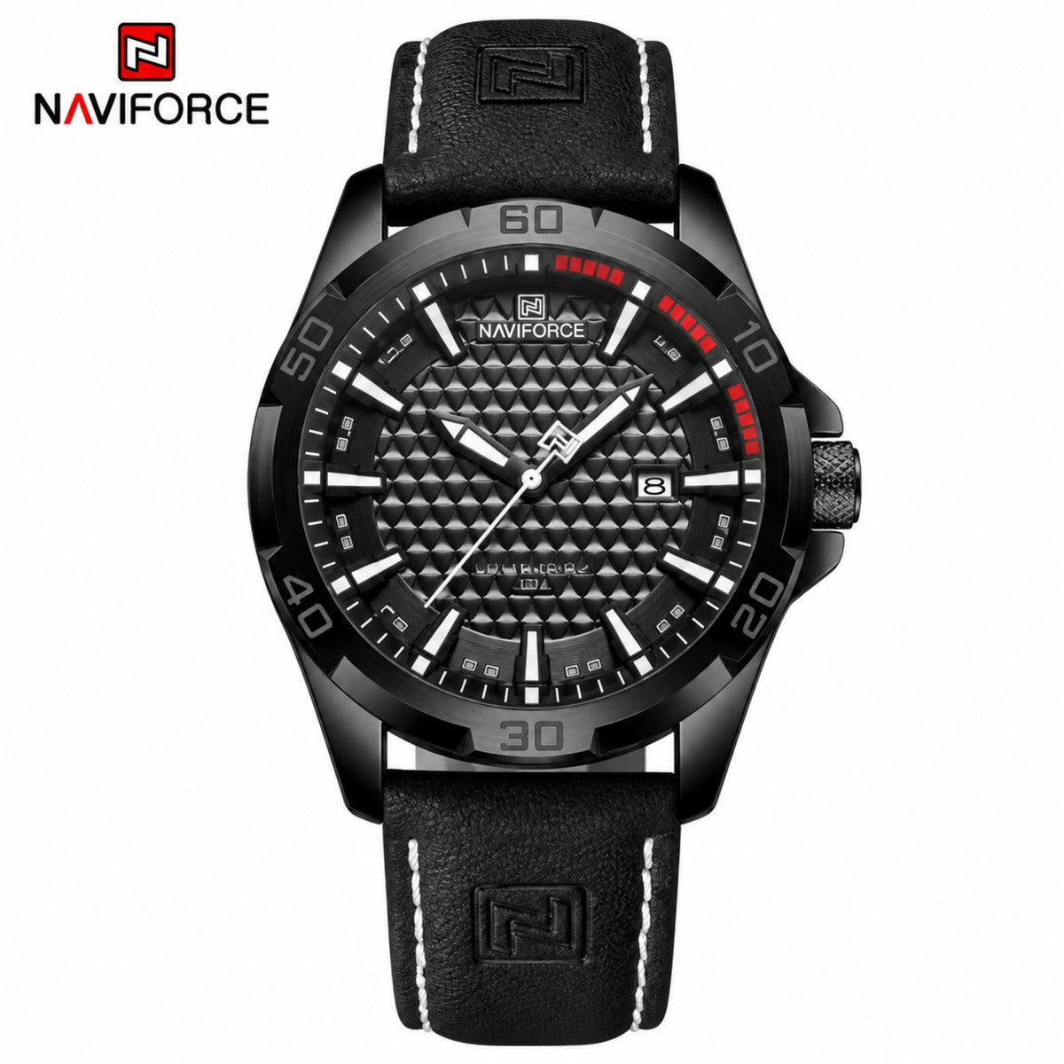 Naviforce Reloj Analógico Negro con Correa Negra de Cuero PU, Diámetro de 45 mm, Cristal Mineral Endurecido, Calendario y Resistencia al Agua 3 ATM.