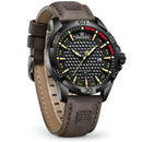 Naviforce Reloj Analógico Negro con Correa Marrón Oscuro de Cuero PU, Diámetro de 45 mm, Cristal Mineral Endurecido, Calendario y Resistencia al Agua 3 ATM.
