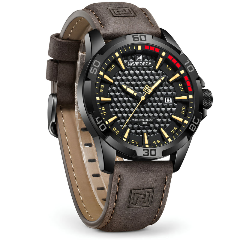 Naviforce Reloj Analógico Negro con Correa Marrón Oscuro de Cuero PU, Diámetro de 45 mm, Cristal Mineral Endurecido, Calendario y Resistencia al Agua 3 ATM.