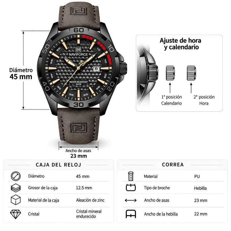 Naviforce Reloj Analógico Negro con Correa Marrón Oscuro de Cuero PU, Diámetro de 45 mm, Cristal Mineral Endurecido, Calendario y Resistencia al Agua 3 ATM.