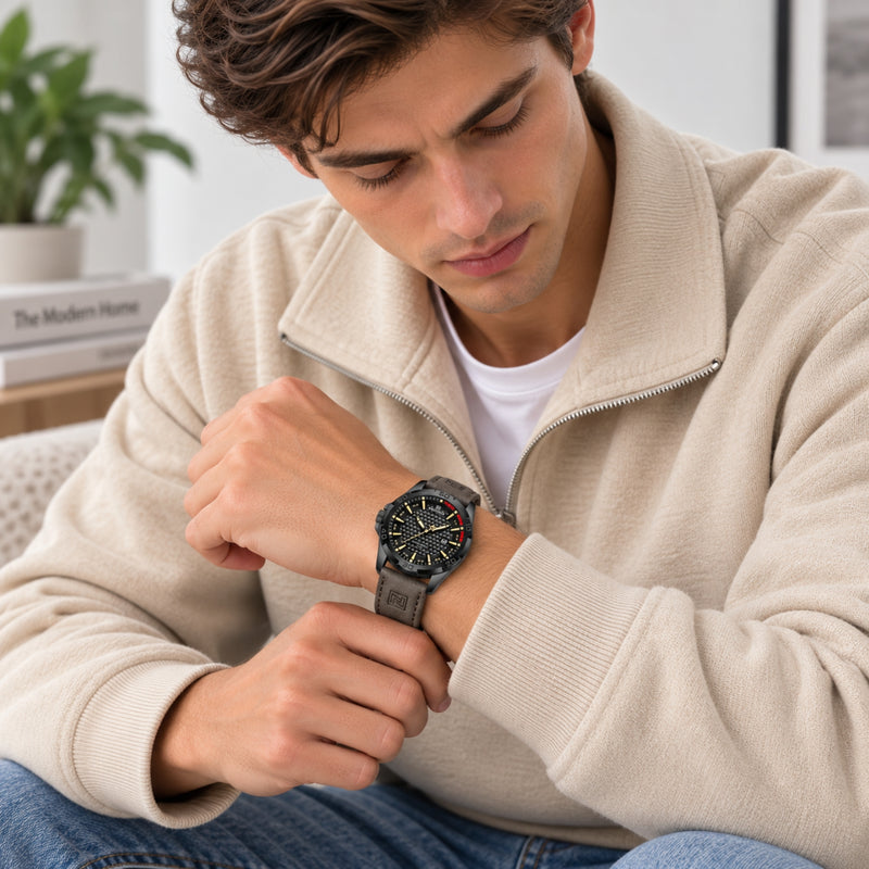 Naviforce Reloj Analógico Negro con Correa Marrón Oscuro de Cuero PU, Diámetro de 45 mm, Cristal Mineral Endurecido, Calendario y Resistencia al Agua 3 ATM.